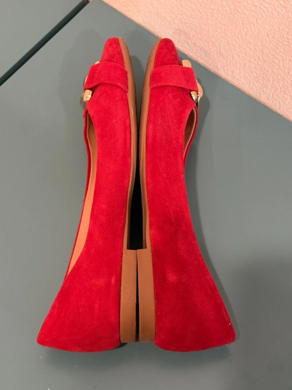AEROSOLES Candice Red Suede Flats with Gold Chain Accent